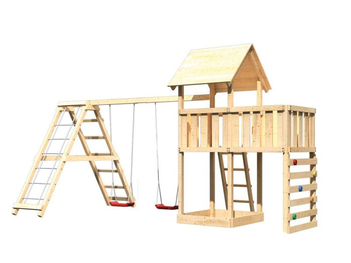 Karibu Spielturm Lotti Satteldach + Doppelschaukelanbau Klettergerüst + Anbauplattform + Kletterwand