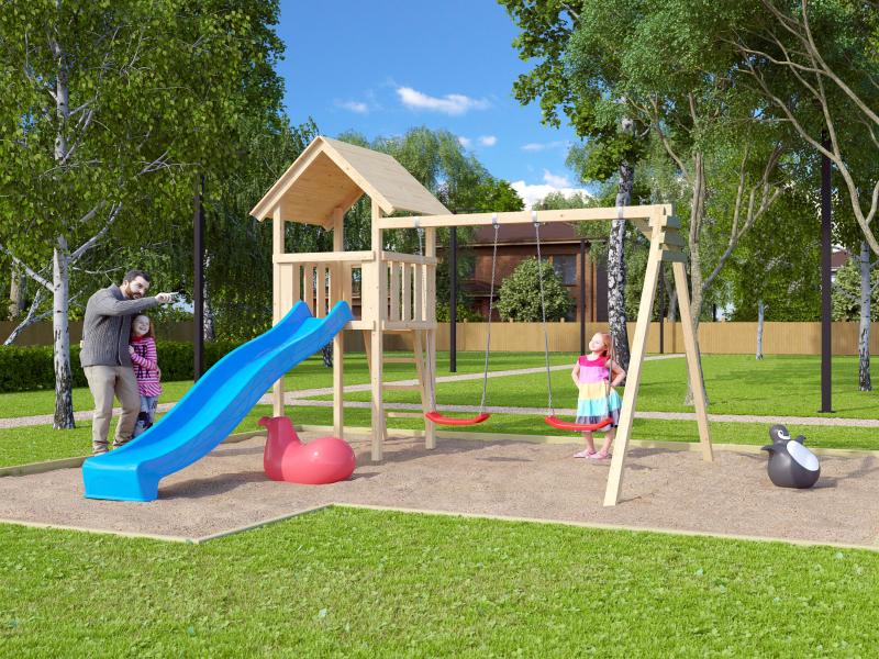 Karibu Spielturm Lotti Set mit Doppelschaukel und Rutsche in blau