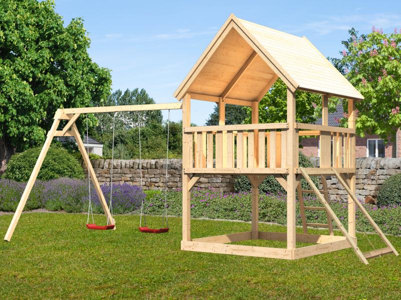 Karibu Spielturm Luis Satteldach + Doppelschaukel + Netzrampe
