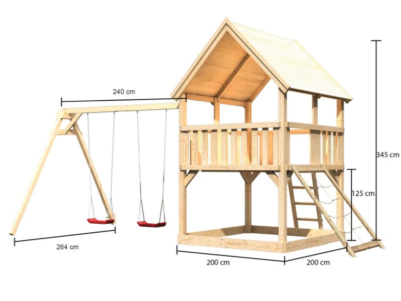 Karibu Spielturm Luis Satteldach + Doppelschaukel + Netzrampe