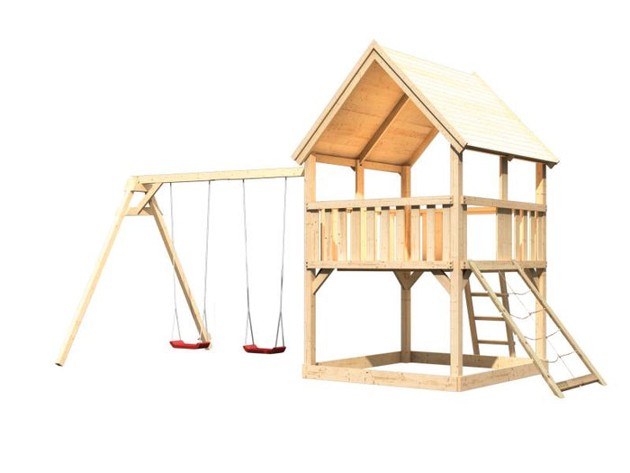 Karibu Spielturm Luis Satteldach + Doppelschaukel + Netzrampe
