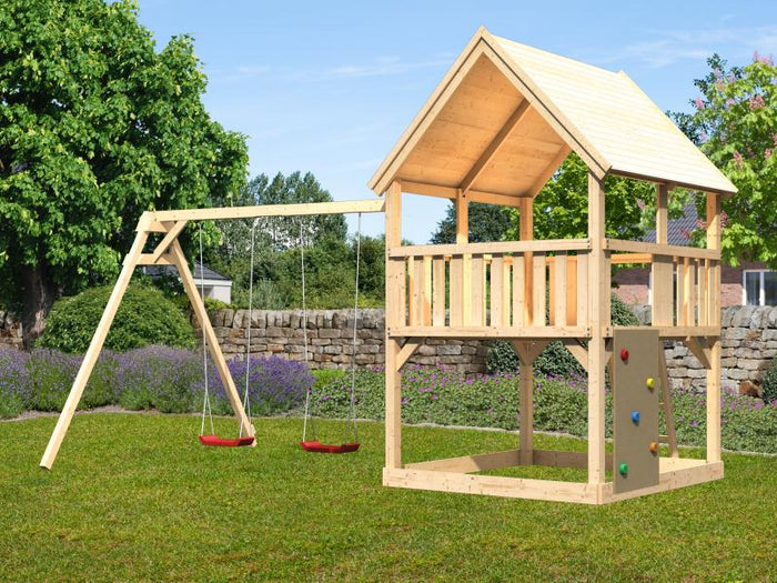Karibu Spielturm Luis Satteldach + Doppelschaukel + Kletterwand