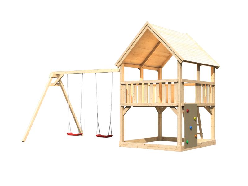 Karibu Spielturm Luis Satteldach + Doppelschaukel + Kletterwand