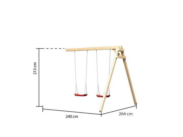 Karibu Spielturm Luis Satteldach + Rutsche blau + Doppelschaukel + Netzrampe