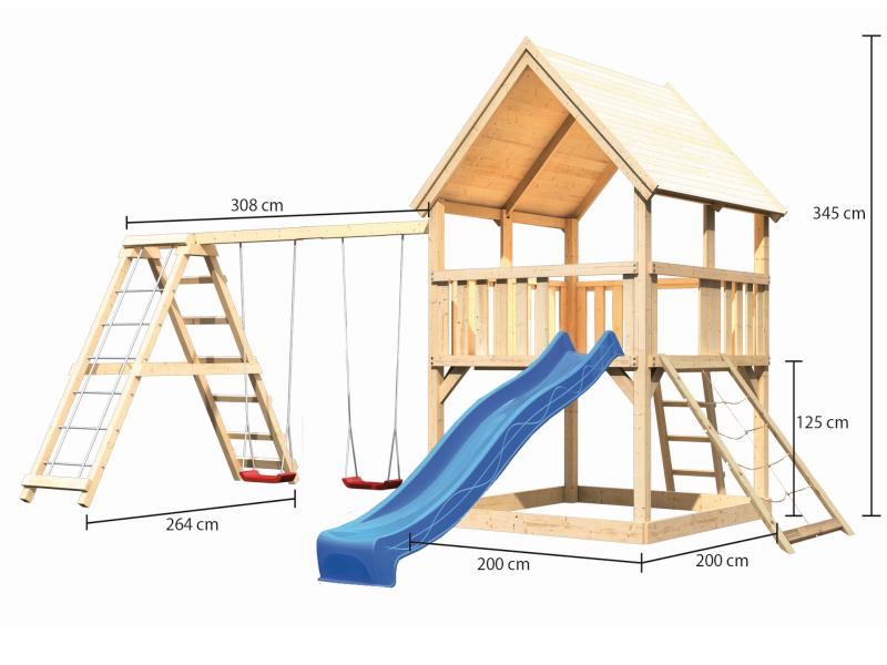 Karibu Spielturm Luis Satteldach + Rutsche blau + Doppelschaukelanbau Klettergerüst + Netzrampe