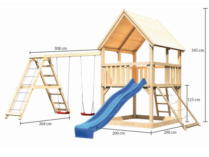 Karibu Spielturm Luis Satteldach + Rutsche blau + Doppelschaukelanbau Klettergerüst + Netzrampe