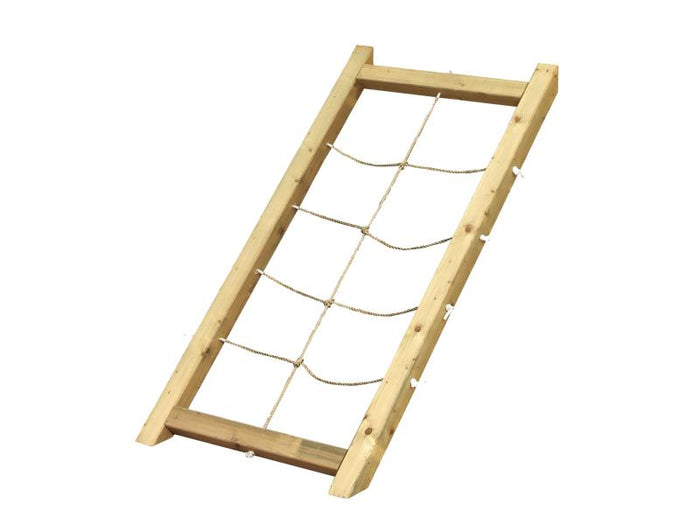 Karibu Spielturm Luis Satteldach + Rutsche blau + Doppelschaukelanbau Klettergerüst + Netzrampe