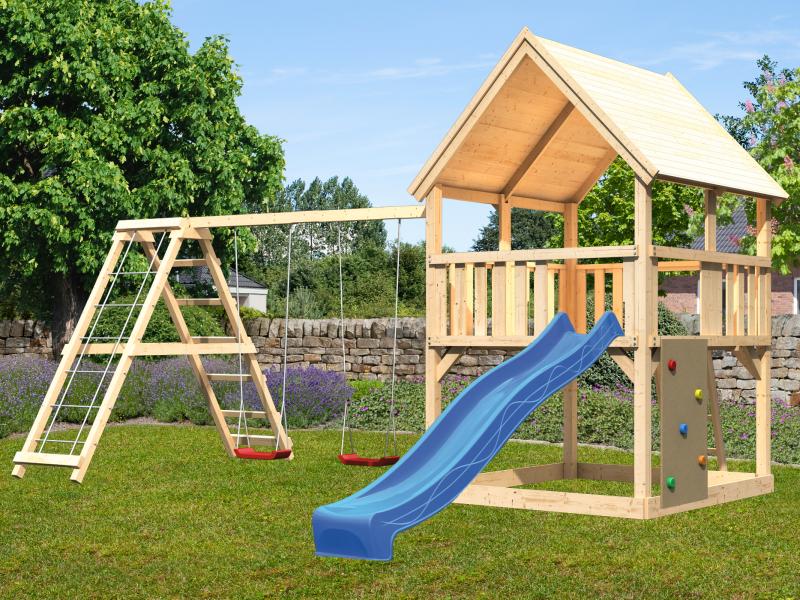 Karibu Spielturm Luis Satteldach + Rutsche blau + Doppelschaukelanbau Klettergerüst + Kletterwand