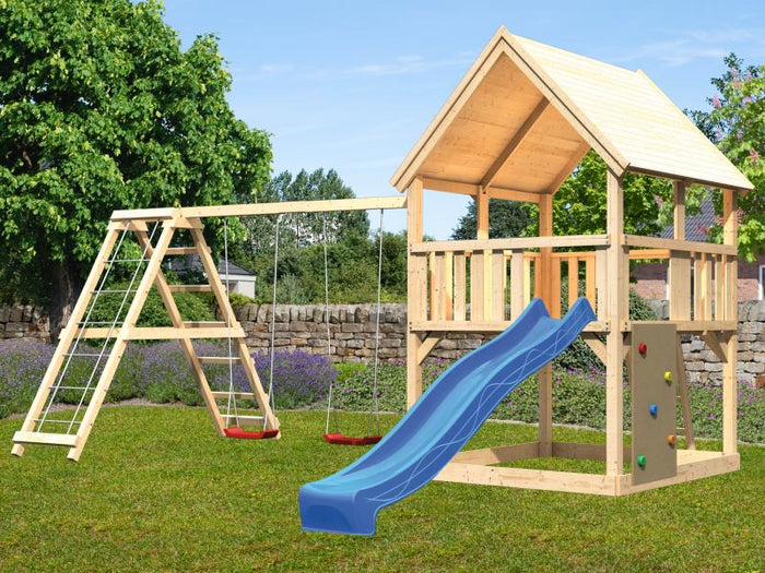 Karibu Spielturm Luis Satteldach + Rutsche blau + Doppelschaukelanbau Klettergerüst + Kletterwand