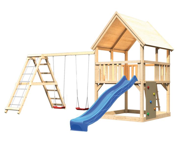 Karibu Spielturm Luis Satteldach + Rutsche blau + Doppelschaukelanbau Klettergerüst + Kletterwand