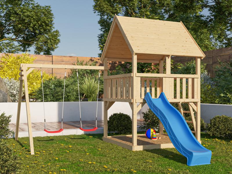 Karibu Spielturm Luis Satteldach + Rutsche blau + Doppelschaukel