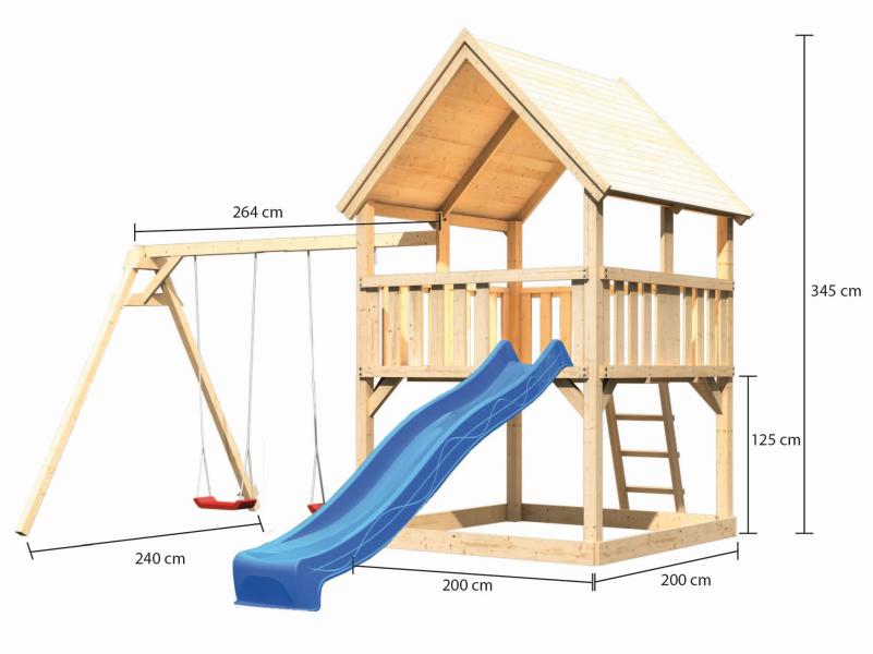 Karibu Spielturm Luis Satteldach + Rutsche blau + Doppelschaukel