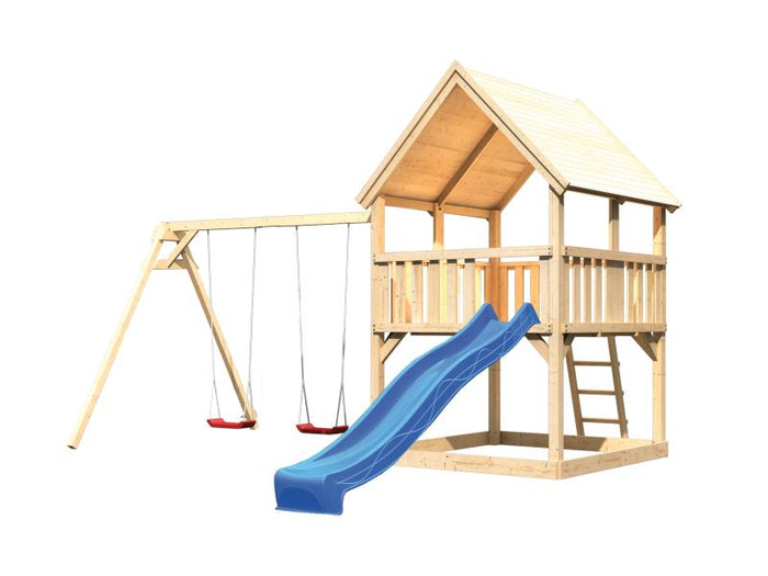 Karibu Spielturm Luis Satteldach + Rutsche blau + Doppelschaukel