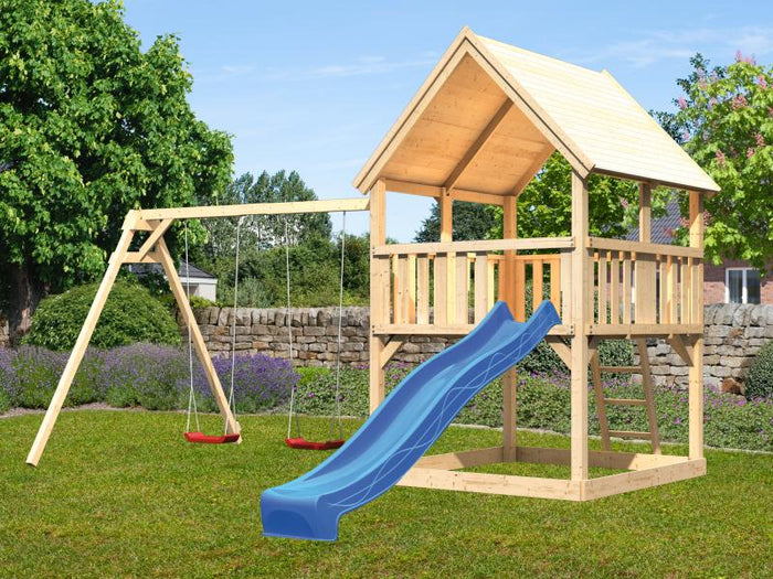 Karibu Spielturm Luis Satteldach + Rutsche blau + Doppelschaukel