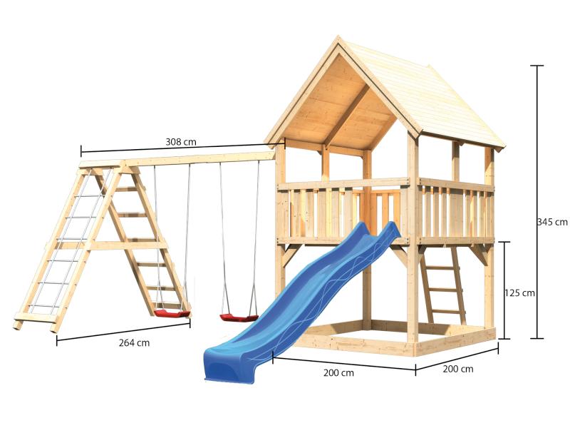 Karibu Spielturm Luis Satteldach + Rutsche blau + Doppelschaukelanbau Klettergerüst