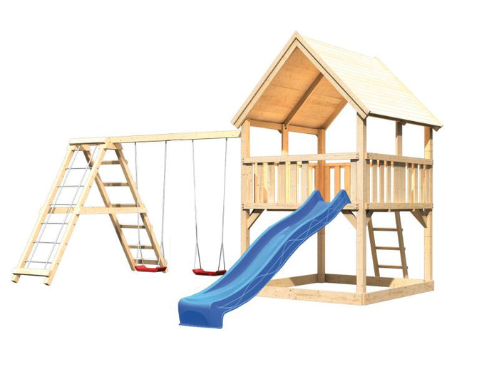 Karibu Spielturm Luis Satteldach + Rutsche blau + Doppelschaukelanbau Klettergerüst