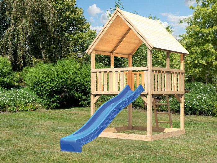 Karibu Spielturm Luis Satteldach + Rutsche blau