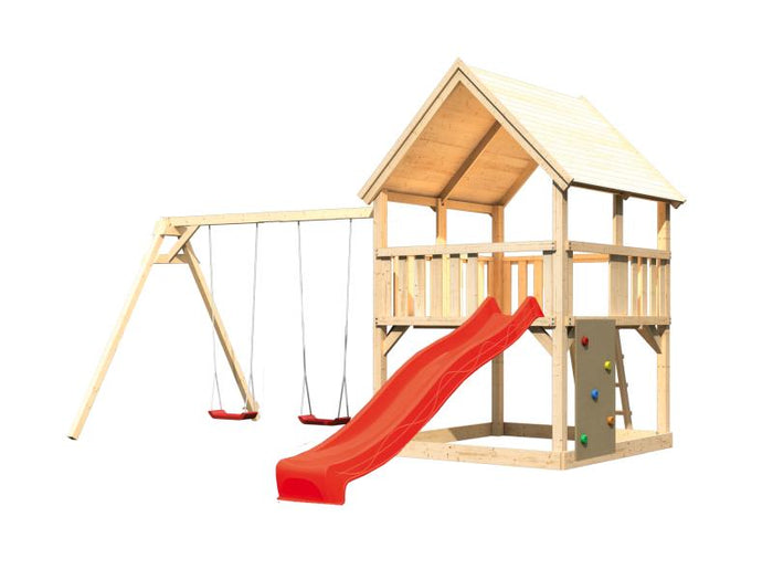 Karibu Spielturm Luis Satteldach + Rutsche rot + Doppelschaukel + Kletterwand