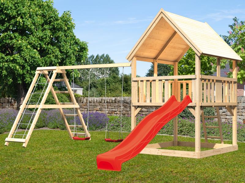 Karibu Spielturm Luis Satteldach + Rutsche rot + Doppelschaukelanbau Klettergerüst