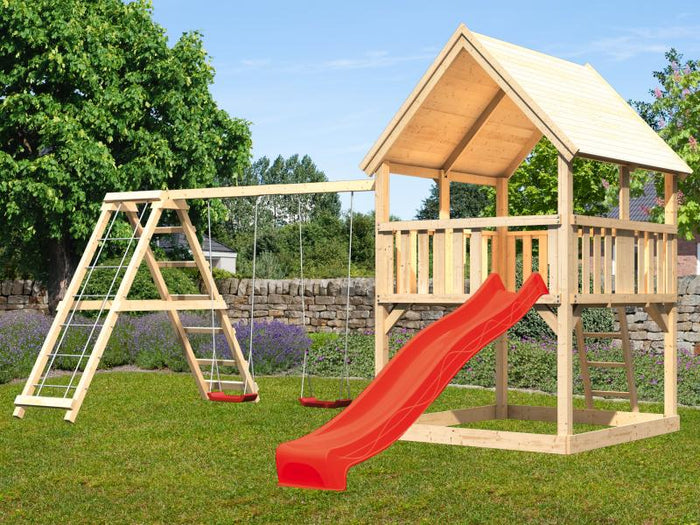 Karibu Spielturm Luis Satteldach + Rutsche rot + Doppelschaukelanbau Klettergerüst
