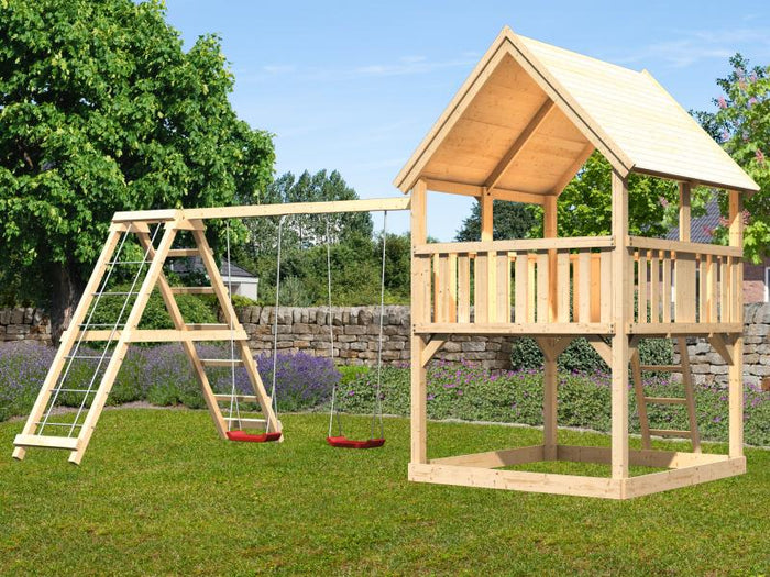 Karibu Spielturm Luis Satteldach + Doppelschaukelanbau Klettergerüst