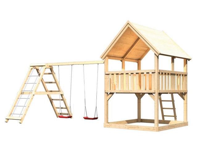 Karibu Spielturm Luis Satteldach + Doppelschaukelanbau Klettergerüst