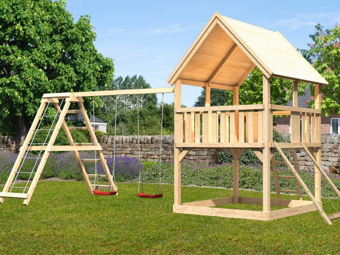Karibu Spielturm Luis Satteldach + Doppelschaukelanbau Klettergerüst + Netzrampe