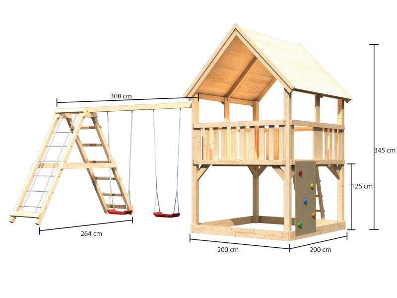 Karibu Spielturm Luis Satteldach + Doppelschaukelanbau Klettergerüst + Kletterwand