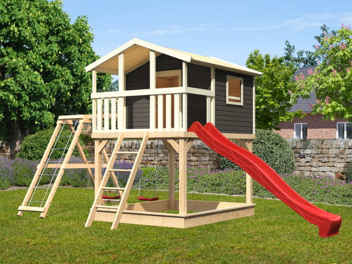 Karibu Stelzenhaus Benjamin grau mit Rutsche in rot und Doppelschaukelanbau mit Klettergerüst und Ne