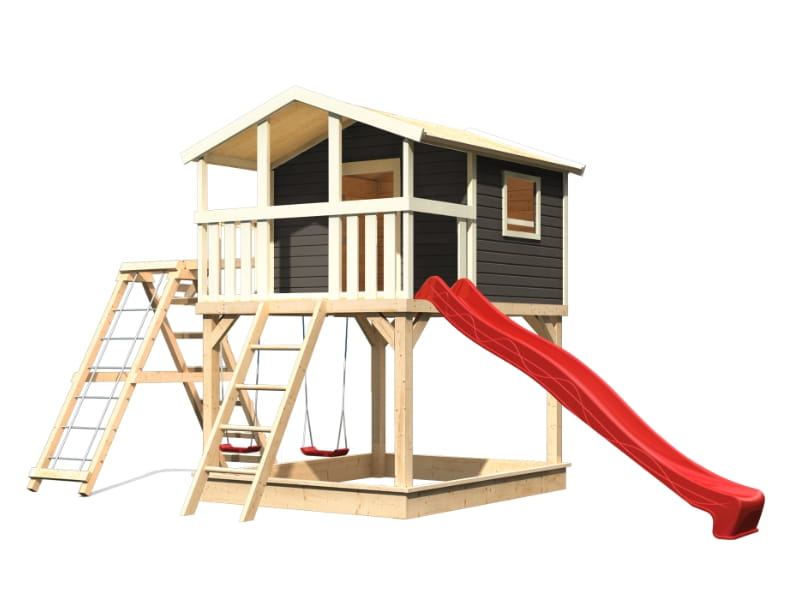 Karibu Stelzenhaus Benjamin grau mit Rutsche in rot und Doppelschaukelanbau mit Klettergerüst und Ne