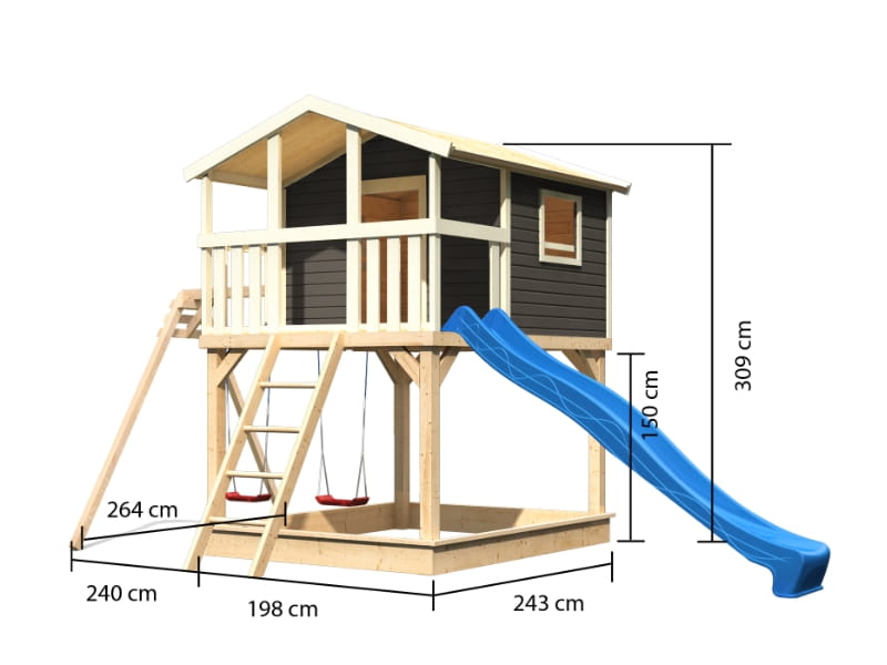 Karibu Stelzenhaus Benjamin in grau mit Rutsche in blau und Doppelschaukelanbau