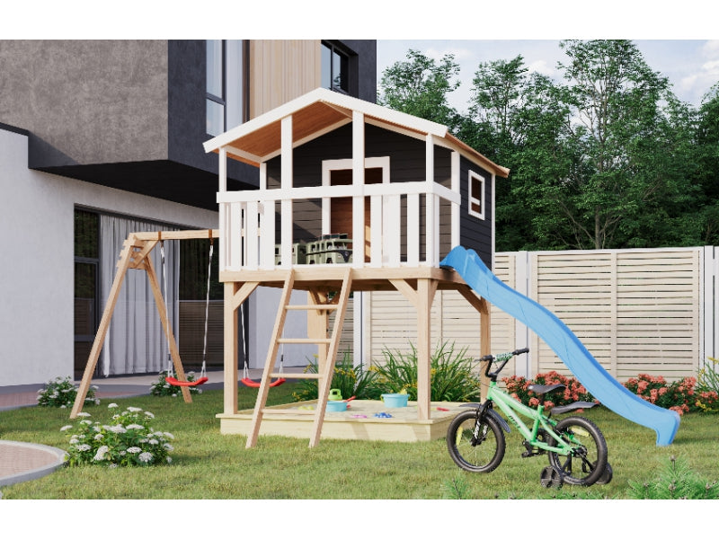 Karibu Stelzenhaus Benjamin in grau mit Rutsche in blau und Doppelschaukelanbau