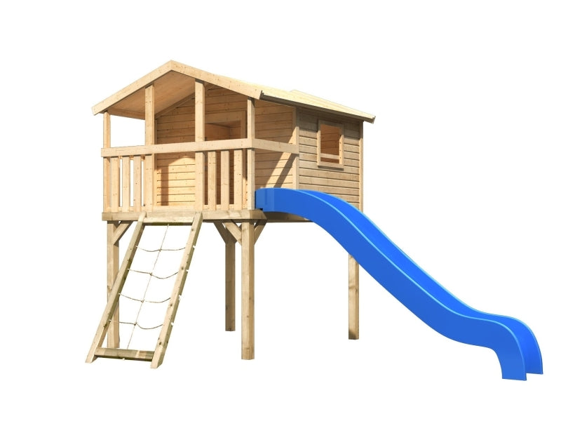 Karibu Stelzenhaus Benjamin natur mit Netzrampe und Rutsche in blau