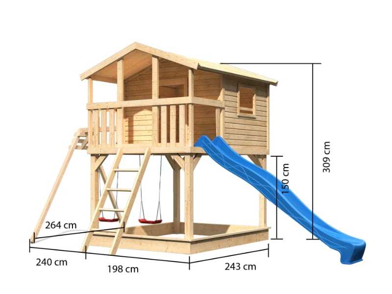 Karibu Stelzenhaus Benjamin natur mit Rutsche in blau und Doppelschaukelanbau
