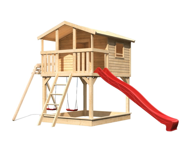 Karibu Stelzenhaus Benjamin natur mit Rutsche in rot und Doppelschaukelanbau