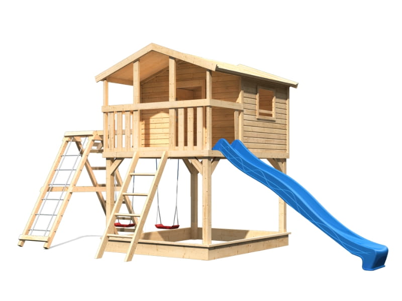 Karibu Stelzenhaus Benjamin natur mit Rutsche in blau und Doppelschaukelanbau mit Klettergerüst und