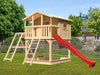 Karibu Stelzenhaus Benjamin natur mit Rutsche in rot und Doppelschaukelanbau mit Klettergerüst und N