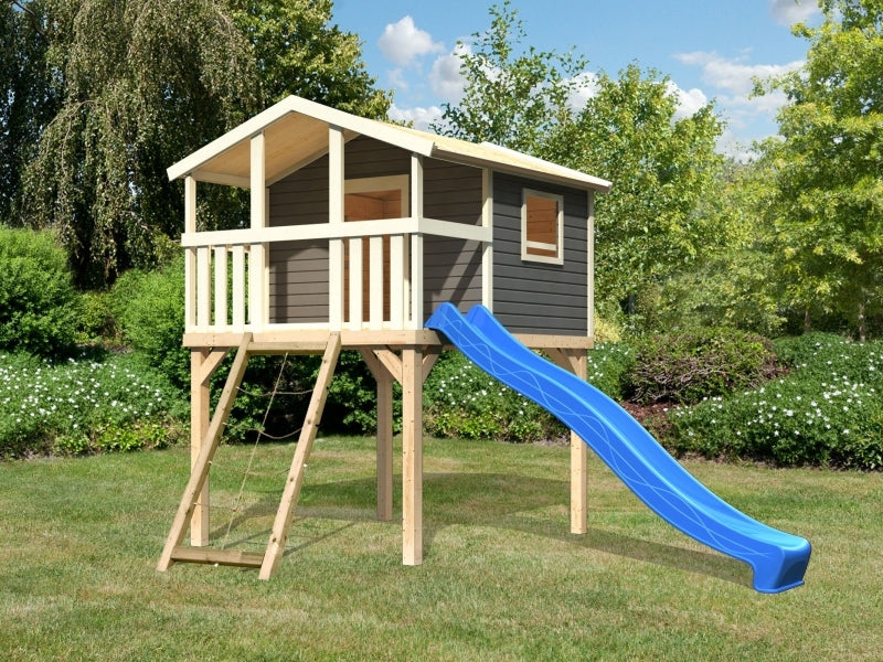 Karibu Stelzenhaus Benjamin terragrau mit Netzrampe und Rutsche in blau