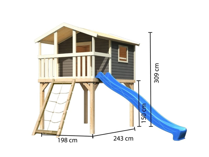 Karibu Stelzenhaus Benjamin terragrau mit Netzrampe und Rutsche in blau