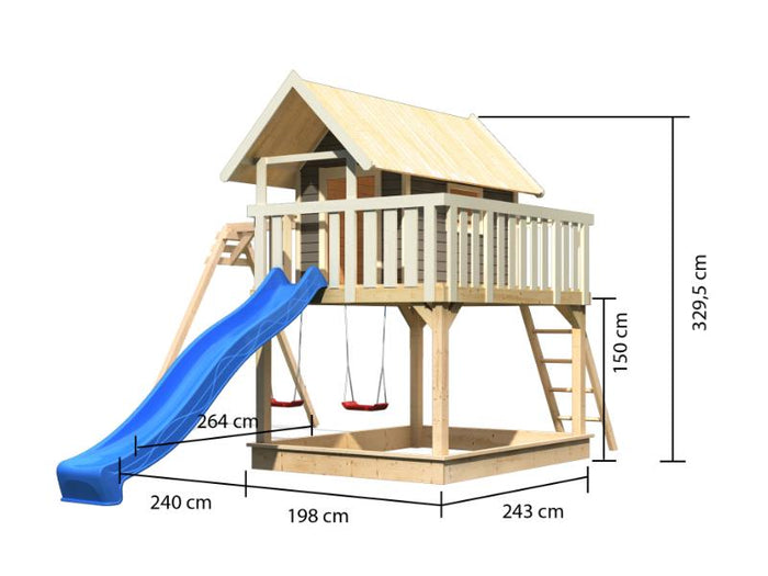 Karibu Stelzenhaus Fidel in grau + Rutsche blau + Doppelschaukelanbau