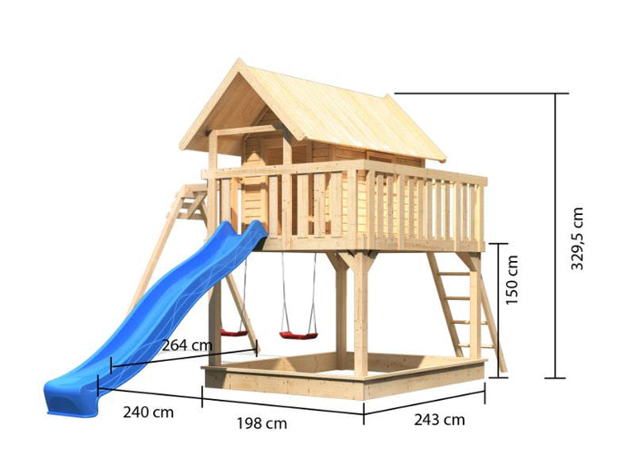 Karibu Stelzenhaus Fidel naturbelassen + Rutsche blau + Doppelschaukelanbau