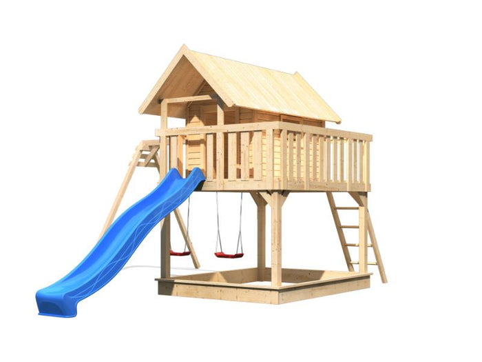 Karibu Stelzenhaus Fidel naturbelassen + Rutsche blau + Doppelschaukelanbau