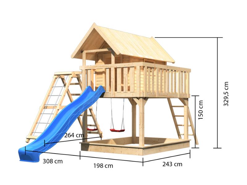 Karibu Stelzenhaus Fidel naturbelassen + Rutsche blau + Doppelschaukelanbau + Klettergerüst und Netz