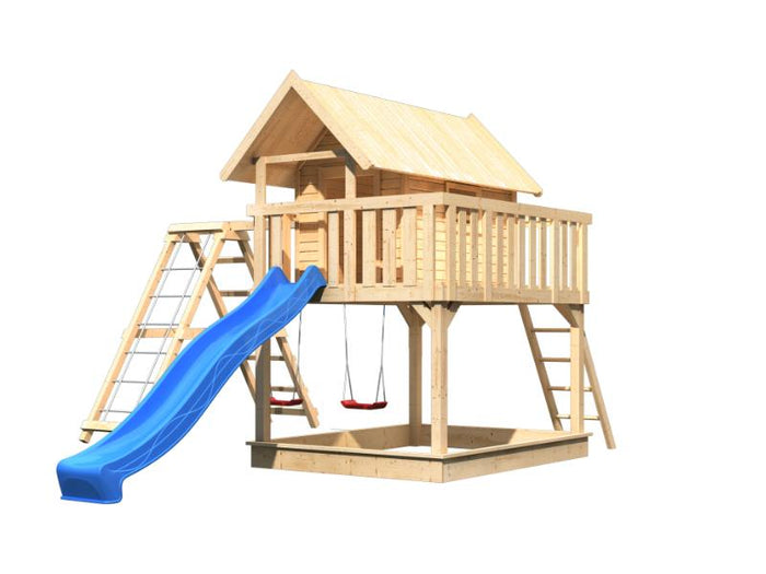 Karibu Stelzenhaus Fidel naturbelassen + Rutsche blau + Doppelschaukelanbau + Klettergerüst und Netz