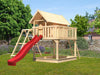 Karibu Stelzenhaus Fidel naturbelassen + Rutsche rot + Doppelschaukelanbau + Klettergerüst und Netzr