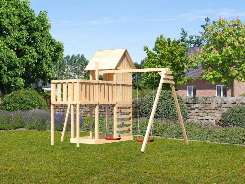 Karibu Stelzenhaus Frieda + Doppelschaukel + Anbauplattform + Kletterwand