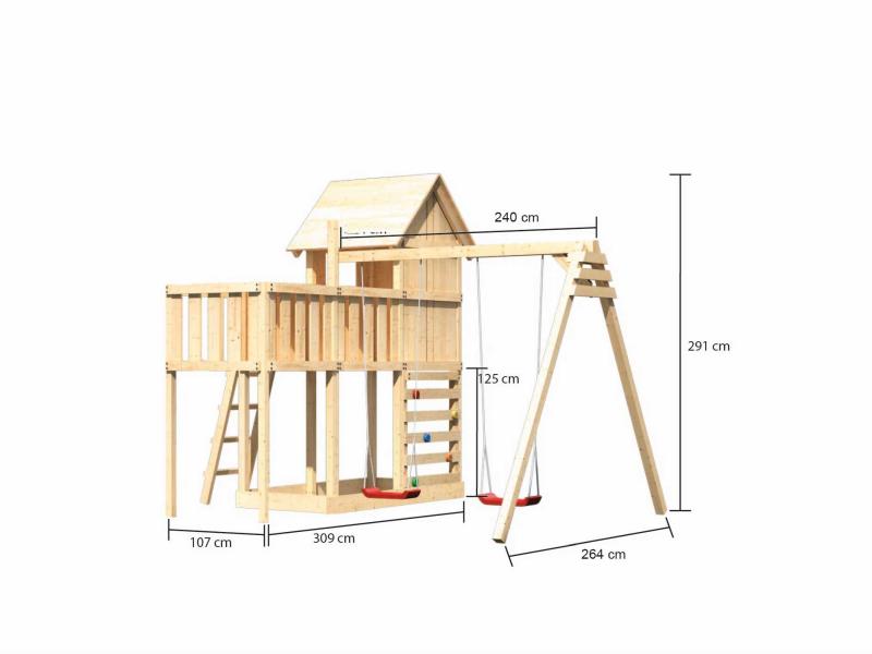 Karibu Stelzenhaus Frieda + Doppelschaukel + Anbauplattform + Kletterwand