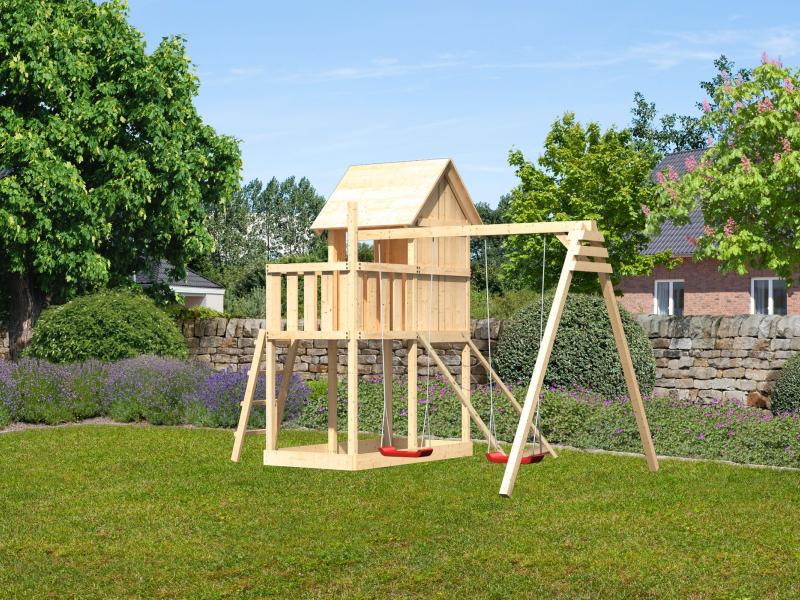 Karibu Stelzenhaus Frieda + Doppelschaukel + Netzrampe