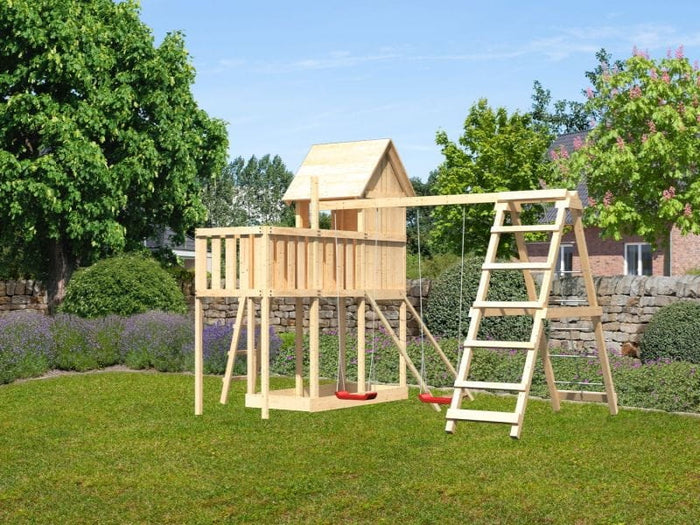 Karibu Stelzenhaus Frieda + Doppelschaukel mit Klettergerüst + Anbauplattform + Netzrampe