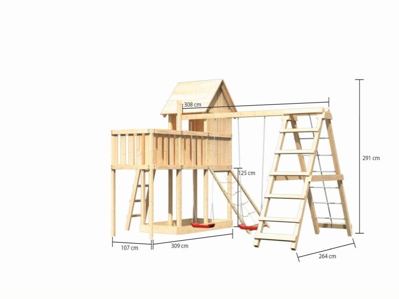 Karibu Stelzenhaus Frieda + Doppelschaukel mit Klettergerüst + Anbauplattform + Netzrampe